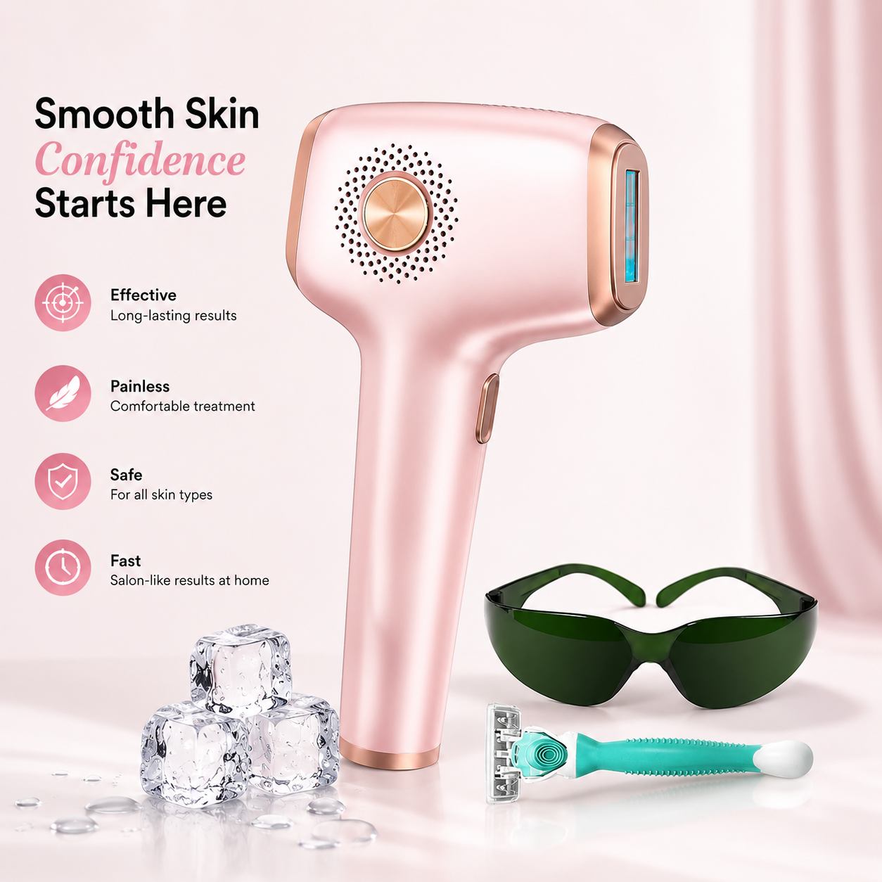 Innza IPL hair removal device with ice cooling tip in rose gold