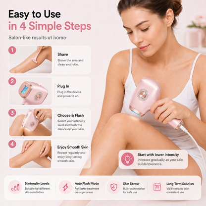 A woman in a white tank top uses a pink handheld beauty device on her leg, with instructional text and step-by-step icons explaining how to use it. The image is branded as an easy-to-use home beauty guide.